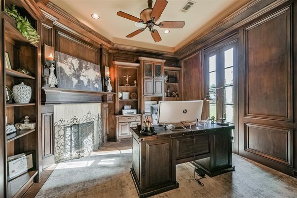 Fireplace, Home Office, Interior, Recessed Lighting, Wooden Walls