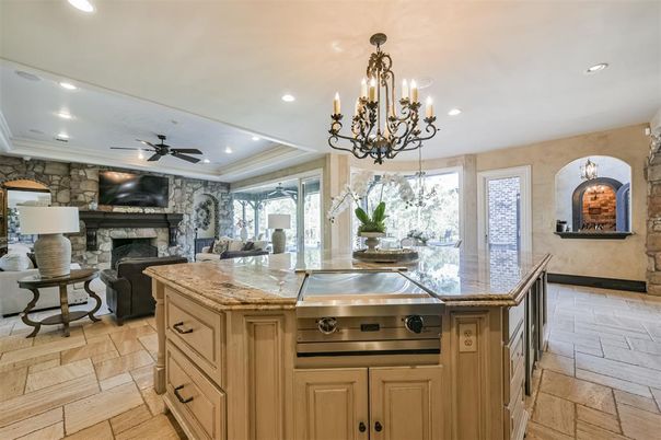 Chandelier, Fireplace, Interior, Kitchen, Recessed Lighting, Stone Walls