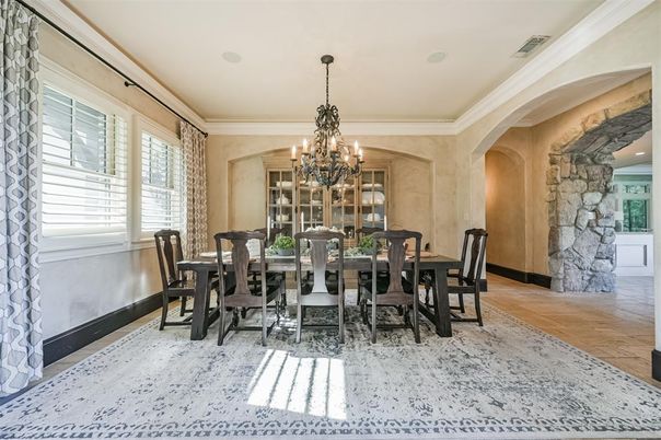 Chandelier, Dining room, Interior, Stone Walls, Wood Texture Flooring