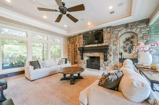 Fireplace, Interior, Living room, Recessed Lighting, Stone Walls