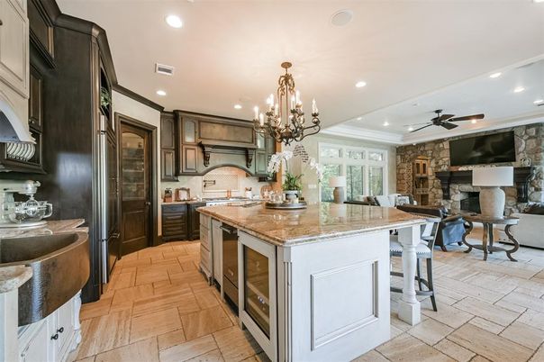 Chandelier, Fireplace, Interior, Kitchen, Recessed Lighting, Stainless Steel Appliances