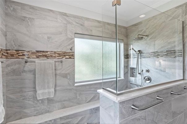 Bathroom, Glass Shower, Interior, Marble Walls, Recessed Lighting