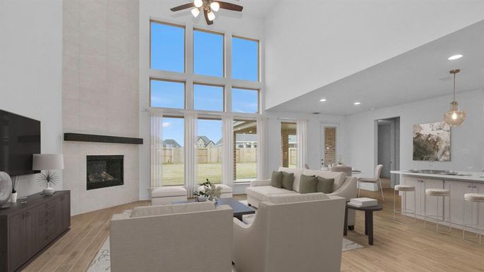 Dining room, Fireplace, Interior, Living room, Pendant Lights, Recessed Lighting, Wood Texture Flooring