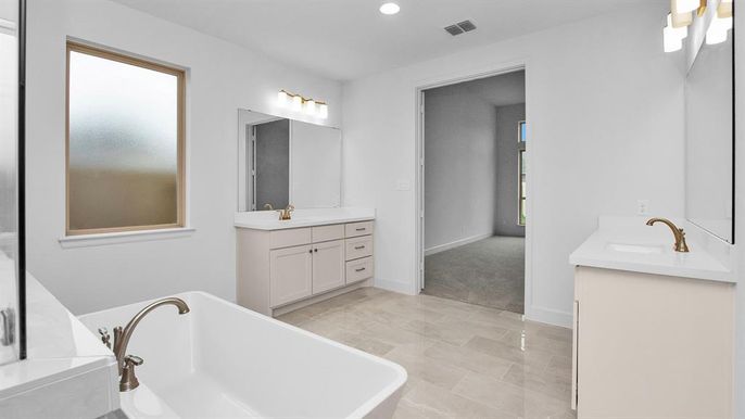 Bathroom, Dual Sink Vanities, Free Standing Baths, Interior, Recessed Lighting