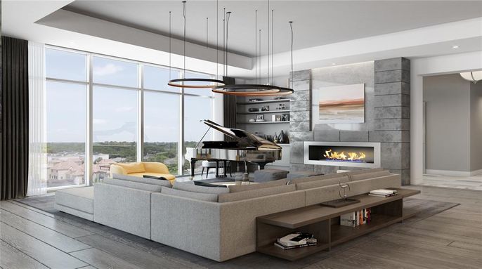 Fireplace, Interior, Living room, Pendant Lights, Piano, Recessed Lighting, Stone Walls, Wood Texture Flooring