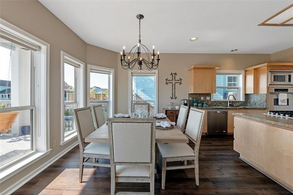 Chandelier, Dining room, Interior, Kitchen, Recessed Lighting, Wood Texture Flooring