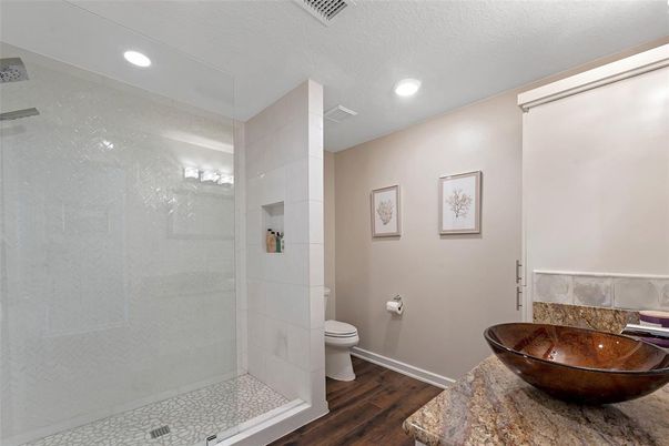 Bathroom, Glass Shower, Interior, Recessed Lighting, Wood Texture Flooring