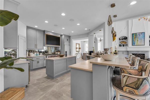 Dining room, Fireplace, Interior, Kitchen, Pendant Lights, Recessed Lighting