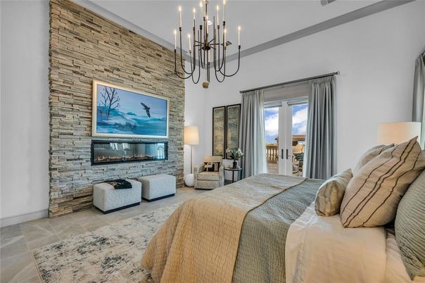Bedroom, Fireplace, Interior, Pendant Lights, Stone Walls