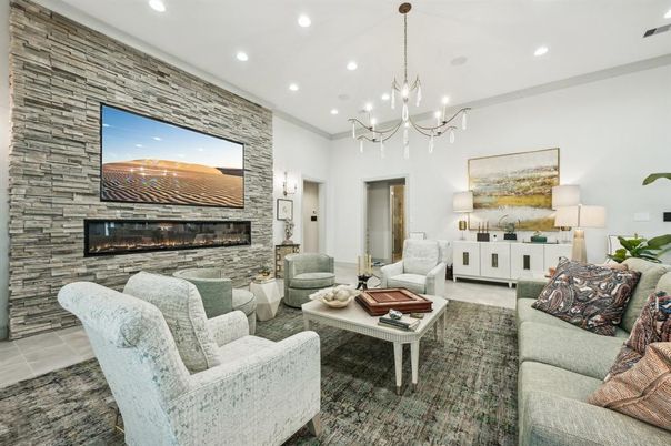 Chandelier, Fireplace, Interior, Living room, Recessed Lighting, Stone Walls