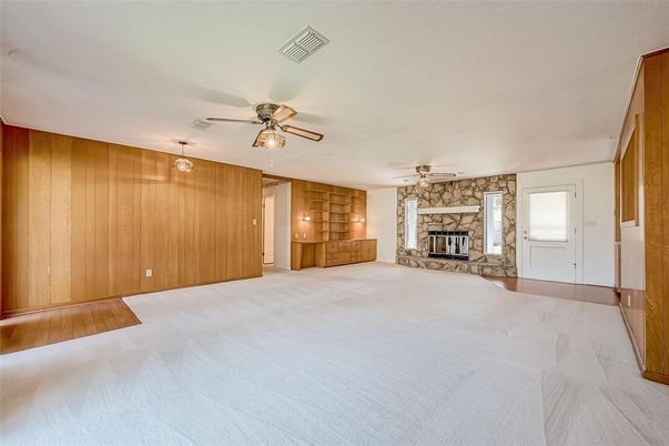 Empty room, Fireplace, Interior, Stone Walls, Wooden Walls