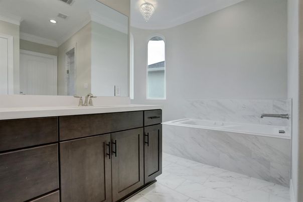 Bathroom, Dual Sink Vanities, Interior, Marble, Recessed Lighting