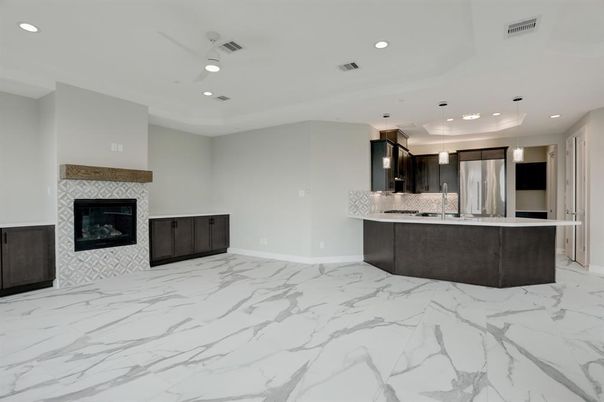 Fireplace, Interior, Kitchen, Marble, Pendant Lights, Recessed Lighting, Stainless Steel Appliances