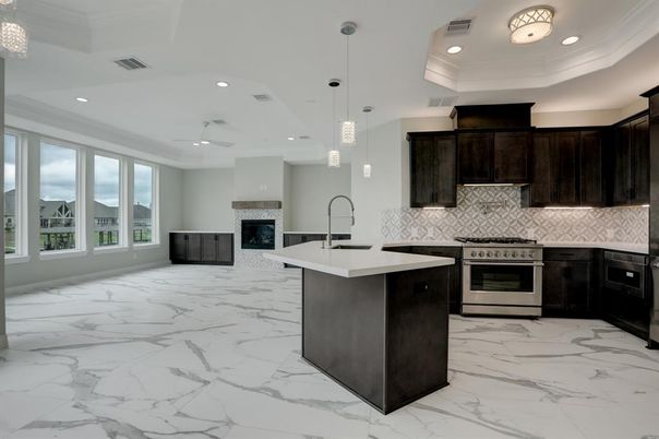 Fireplace, Interior, Kitchen, Marble, Pendant Lights, Recessed Lighting, Stainless Steel Appliances