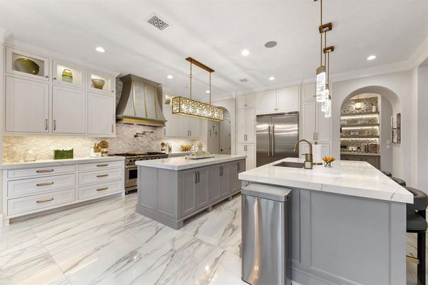 Interior, Kitchen, Marble, Pendant Lights, Recessed Lighting, Stainless Steel Appliances