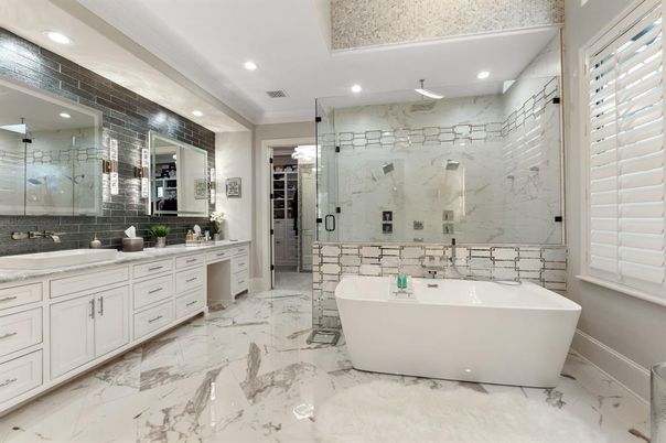 Bathroom, Dual Sink Vanities, Free Standing Baths, Glass Shower, Interior, Marble, Marble Walls, Recessed Lighting