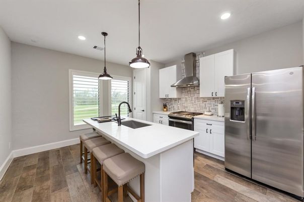 Interior, Kitchen, Pendant Lights, Recessed Lighting, Stainless Steel Appliances, Wood Texture Flooring