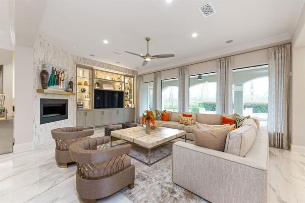 Fireplace, Interior, Living room, Marble, Recessed Lighting