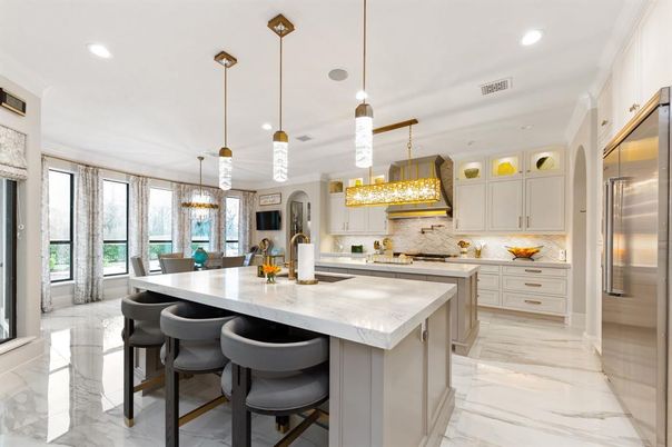 Dining room, Interior, Kitchen, Marble, Pendant Lights, Recessed Lighting, Stainless Steel Appliances