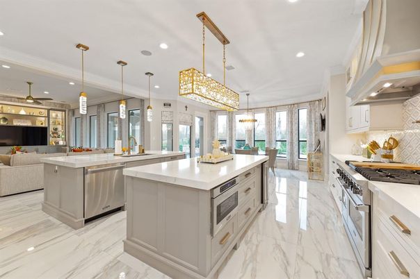 Dining room, Interior, Kitchen, Living room, Marble, Pendant Lights, Recessed Lighting, Stainless Steel Appliances