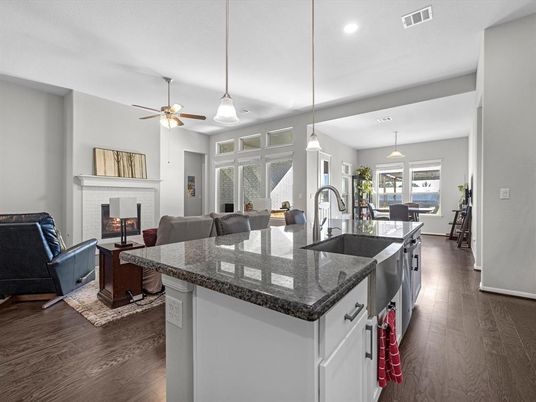 Dining room, Fireplace, Interior, Kitchen, Living room, Pendant Lights, Recessed Lighting, Wood Texture Flooring
