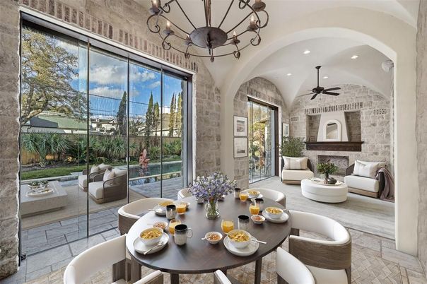 Dining room, Interior, Living room, Recessed Lighting, Stone Walls
