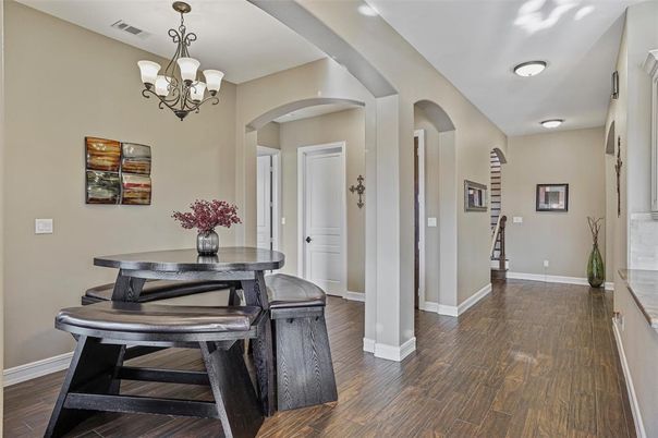 Chandelier, Dining room, Interior, Wood Texture Flooring
