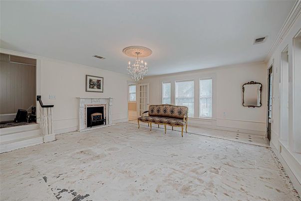 Chandelier, Empty room, Fireplace, Interior