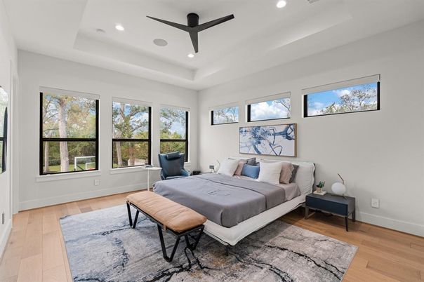 Bedroom, Interior, Recessed Lighting, Wood Texture Flooring