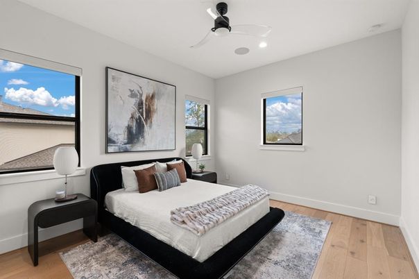 Bedroom, Interior, Recessed Lighting, Wood Texture Flooring