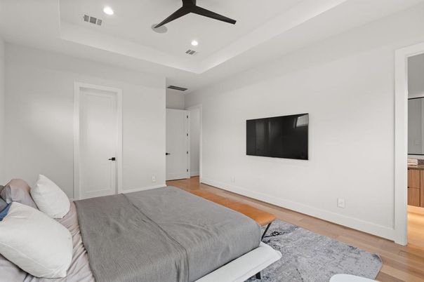 Bedroom, Interior, Recessed Lighting, Wood Texture Flooring