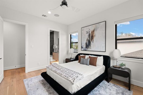 Bedroom, Interior, Recessed Lighting, Wood Texture Flooring