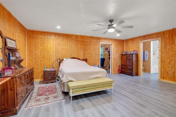 Bedroom, Interior, Recessed Lighting, Wood Texture Flooring, Wooden Walls