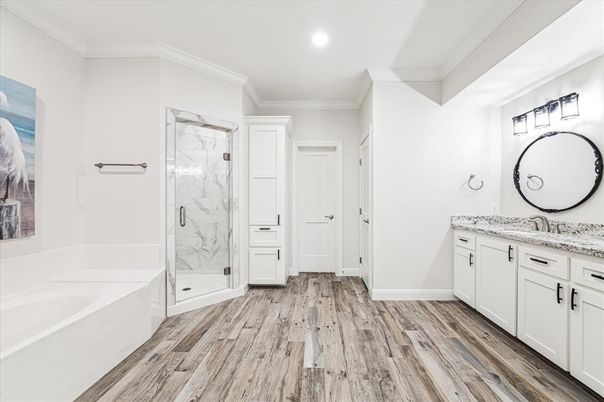 Bathroom, Glass Shower, Interior, Marble Walls, Recessed Lighting, Wood Texture Flooring
