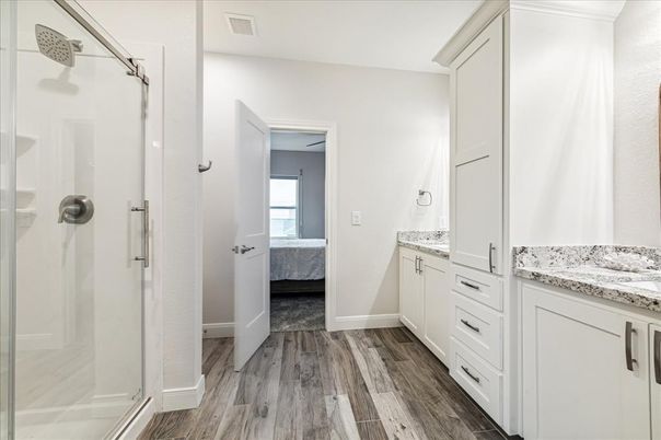 Bathroom, Glass Shower, Interior, Wood Texture Flooring