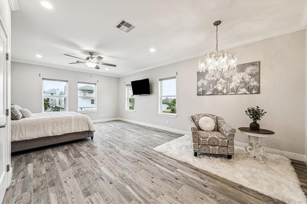 Bedroom, Chandelier, Interior, Recessed Lighting, Wood Texture Flooring