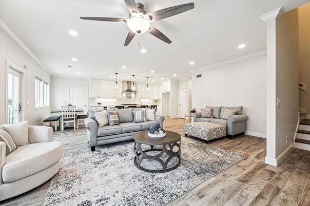 Dining room, Interior, Kitchen, Living room, Pendant Lights, Recessed Lighting, Stainless Steel Appliances, Wood Texture Flooring