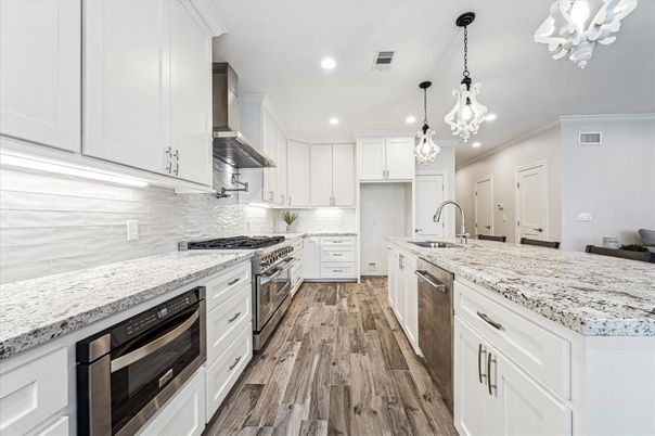 Interior, Kitchen, Pendant Lights, Recessed Lighting, Stainless Steel Appliances, Wood Texture Flooring