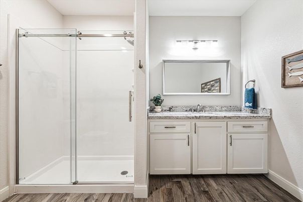 Bathroom, Glass Shower, Interior, Wood Texture Flooring