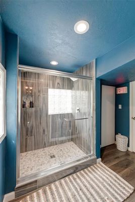 Bathroom, Glass Shower, Interior, Recessed Lighting, Wood Texture Flooring