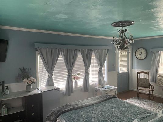 Bedroom, Chandelier, Interior, Wood Texture Flooring