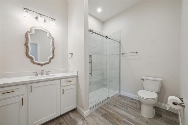 Bathroom, Glass Shower, Interior, Recessed Lighting, Wood Texture Flooring