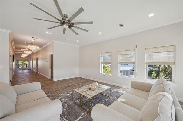 Chandelier, Interior, Living room, Recessed Lighting, Wood Texture Flooring