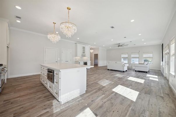 Chandelier, Interior, Kitchen, Living room, Recessed Lighting, Wood Texture Flooring
