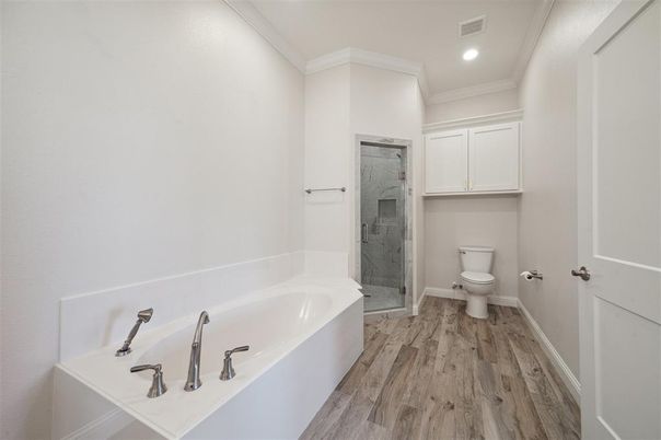 Bathroom, Glass Shower, Interior, Marble Walls, Recessed Lighting, Wood Texture Flooring