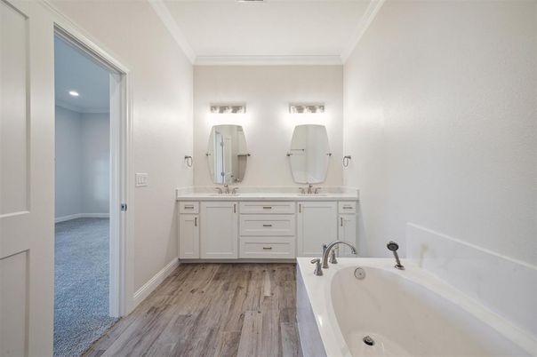 Bathroom, Dual Sink Vanities, Interior, Recessed Lighting, Wood Texture Flooring