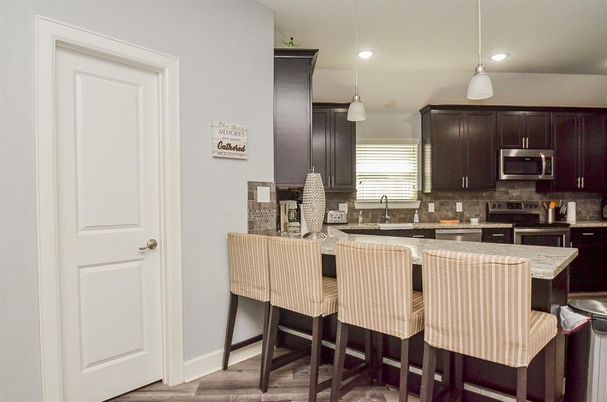 Interior, Kitchen, Pendant Lights, Recessed Lighting, Wood Texture Flooring