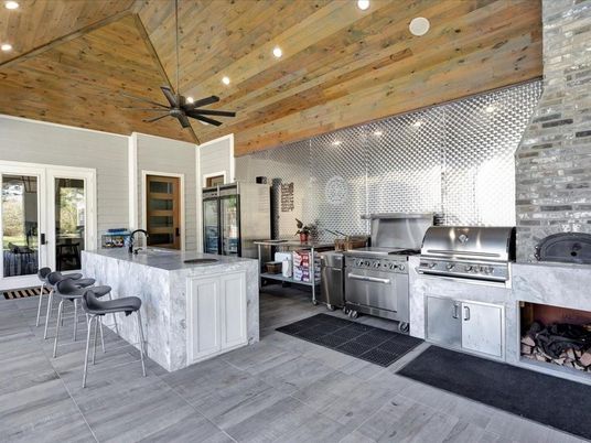Fireplace, Interior, Kitchen, Recessed Lighting, Wooden Ceilings