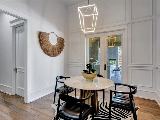 Dining room, Interior, Pendant Lights, Wood Texture Flooring