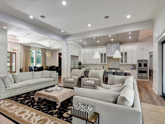 Dining room, Interior, Kitchen, Living room, Pendant Lights, Recessed Lighting, Stainless Steel Appliances, Wood Texture Flooring